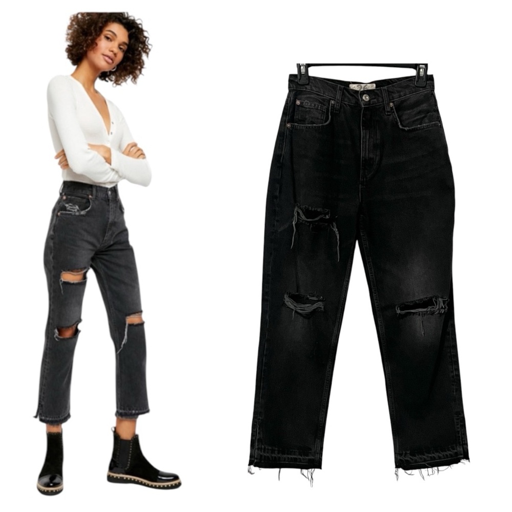 Free People Lita High Rise Distressed Raw Split Hem Jeans in Rugged Black Sz 26